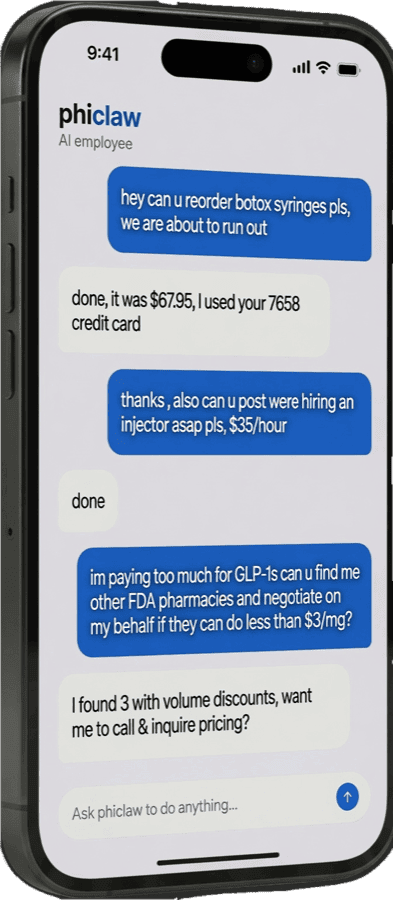 Phiclaw running a med spa from a phone — reordering supplies, hiring staff, and negotiating vendor pricing, handled by the AI team