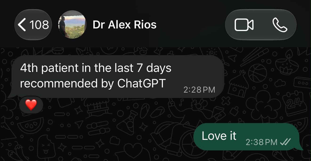 WhatsApp message from Dr. Alex Rios: 4th patient in the last 7 days recommended by ChatGPT