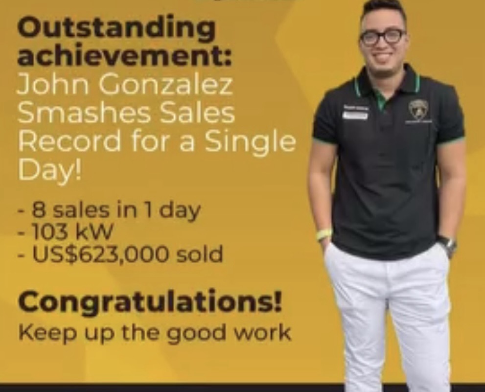 Company recognition graphic: John Gonzalez smashed the single-day sales record with 8 sales, 103 kW, and US$623,000 in one day.