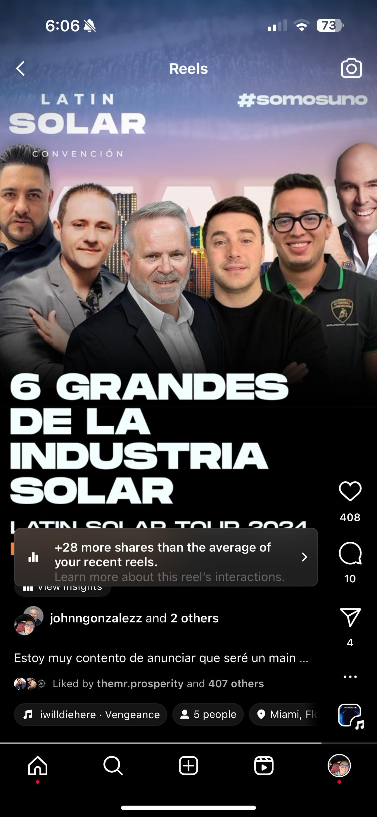 Instagram reel announcing John Gonzalez as a main speaker at Latin Solar Tour 2024.