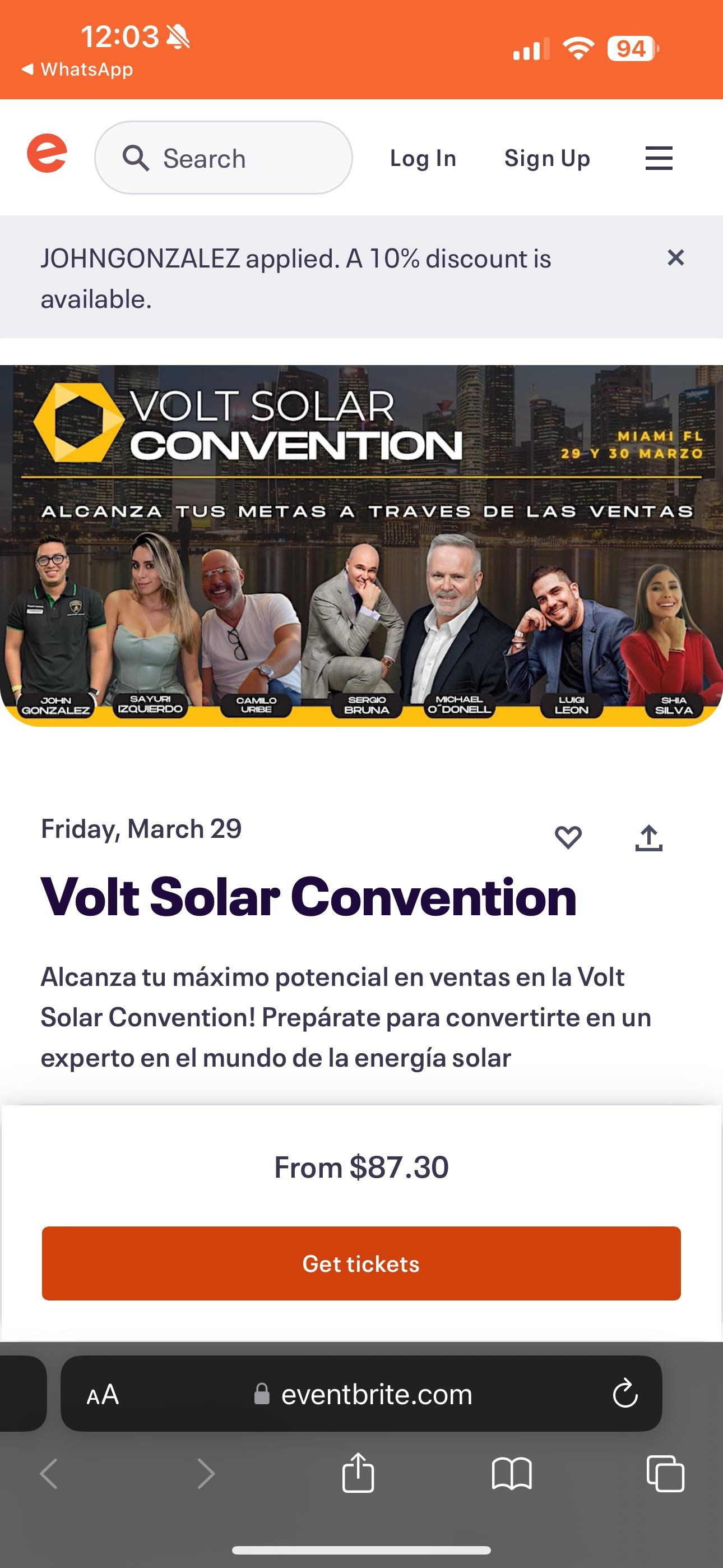 Eventbrite listing for the Volt Solar Convention showing John Gonzalez first in the speaker lineup.